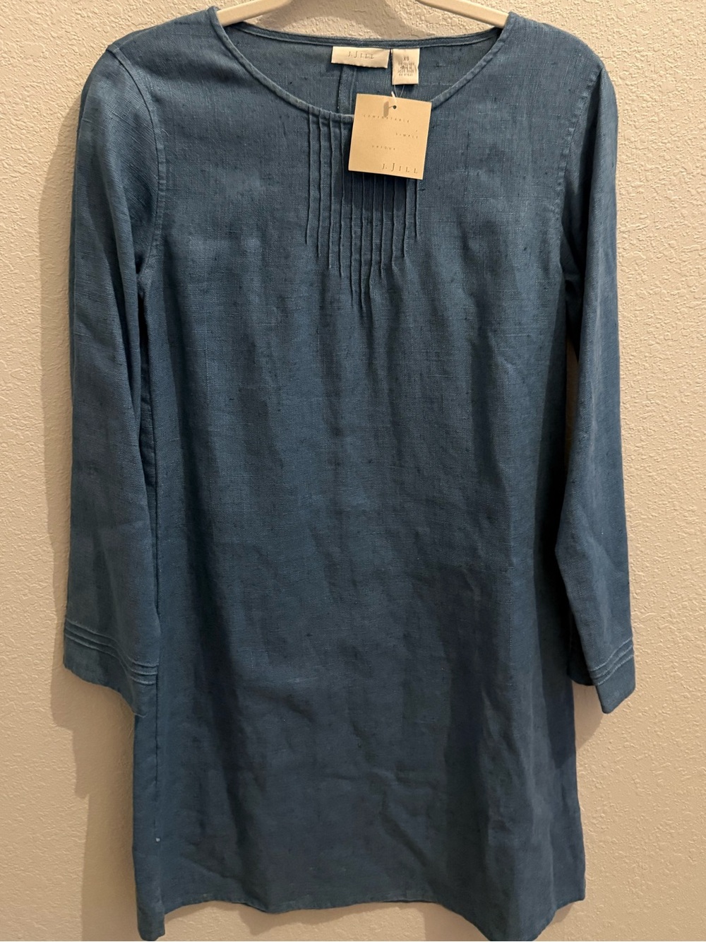 NWT - J. Jill Blue 100% Linen Pintuck Shift Mini Dress Long Sleeve XS Vintage